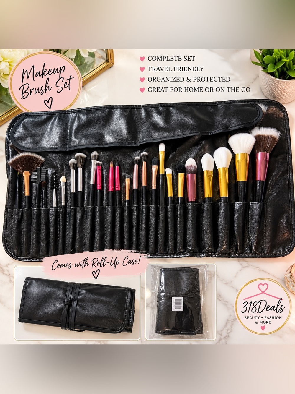 Makeup Brush Set 20-Piece with Black Roll-Up Travel Case